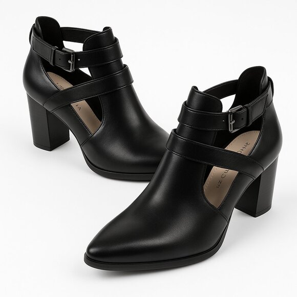 Liz Claiborne Camelia Black Leather Cut-Out Strap Booties — Pointed-Toe Size 10 - Picture 1 of 9